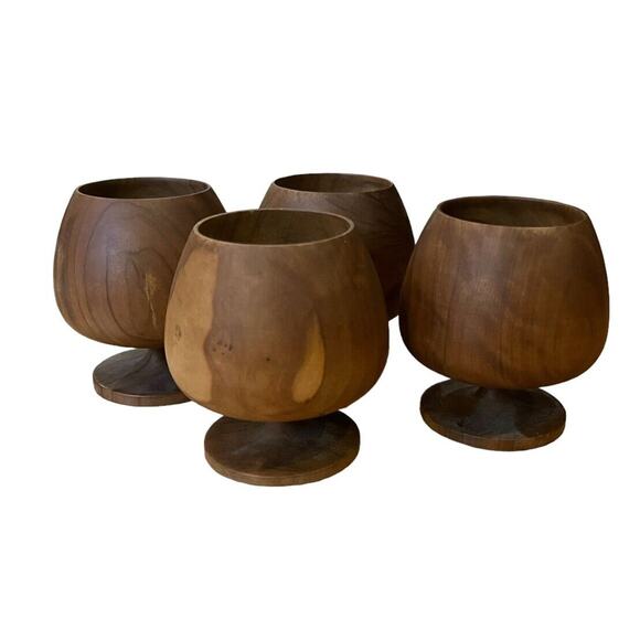 VINTAGE Wood Hand Carved Mini Goblet Chalice Made In Spain X4 MCM Bourbon - Picture 1 of 7